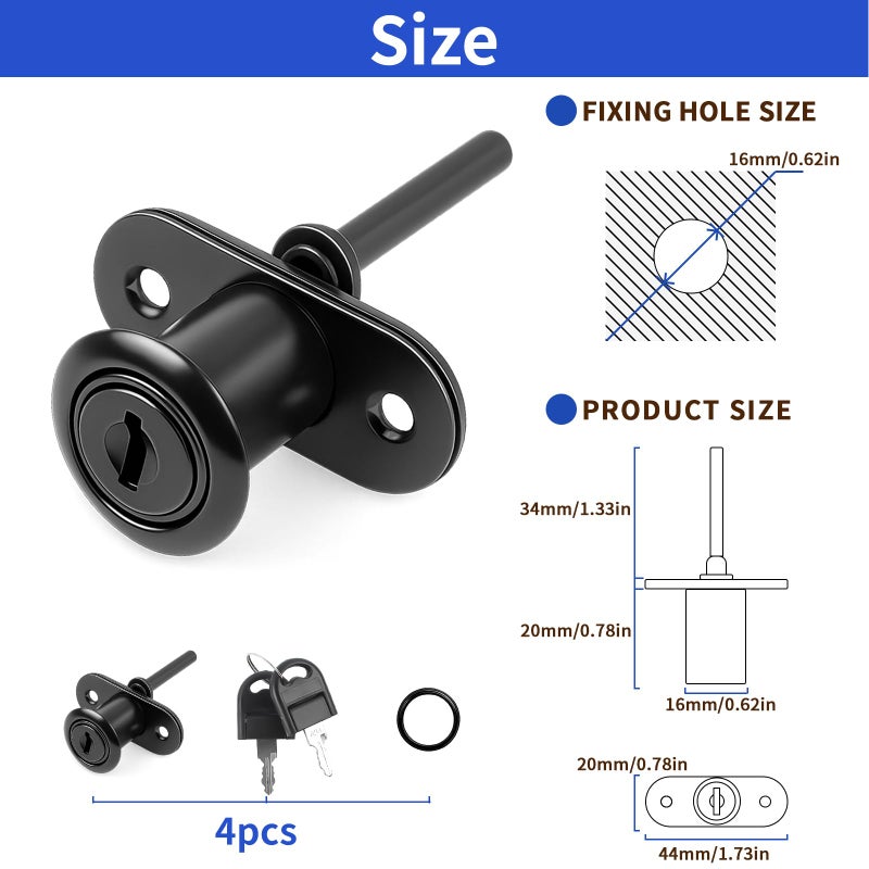TBWHL 4 Pcs - Zinc Alloy Drawer Lock with Keys, Desk Locks File Cabinet Lock for Wardrobe Furniture Cabinet Locker Showcase with 2 Key 16mm (Black, Keyed Different) - Image 2